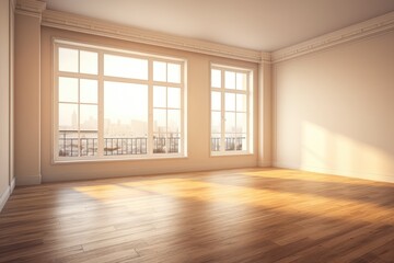 Obraz premium Corner of an empty room with beige walls, a wooden floor, and two sizable windows offering a pleasant view. a mockup. Generative AI