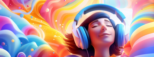girl with headphones in a vivid colorful background,  listening to peaceful audio. Mental health concept with copy space
