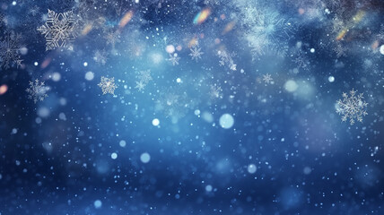 Fototapeta na wymiar abstract blue snowflakes falling winter weather blurred background. Generative AI