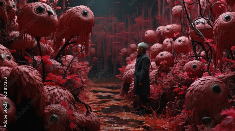 Poster a person standing in a field of red flowers. generative ai image.