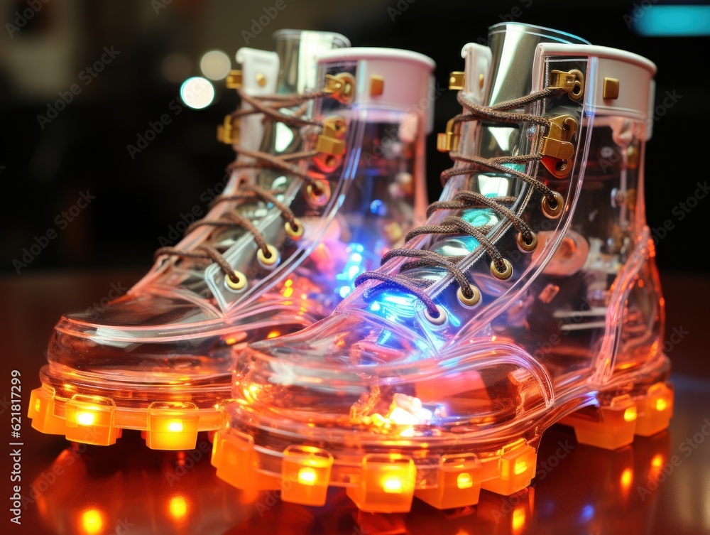 Poster a pair of clear boots with lights on them. generative ai image.