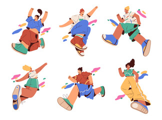 Young people running and jumping, expressing positive emotions. Vector flat cartoon characters with energy and motivation, energized and cheerful personages with smile on face