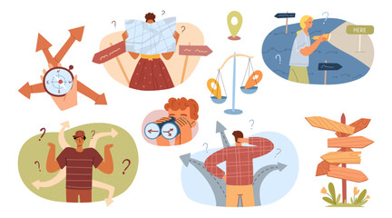 Choosing from multiple directions, solutions. Different options, opportunities concept. Characters making choices, decisions, life path. Flat graphic vector illustration isolated on white