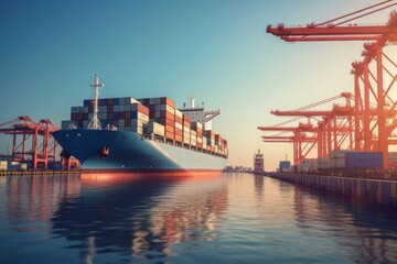 Container ship enters the water area of a giant seaport cargo terminal. Port cranes on the berths are ready to unload the ship. Global freight transportation and logistics concept. 3D illustration.