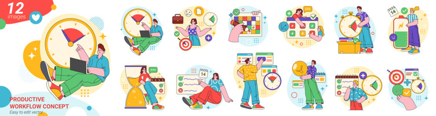 Employees efficiency and workflow productivity. Vector flat flat cartoon characters working on laptops, scheduling meeting and completing projects in deadline time frames