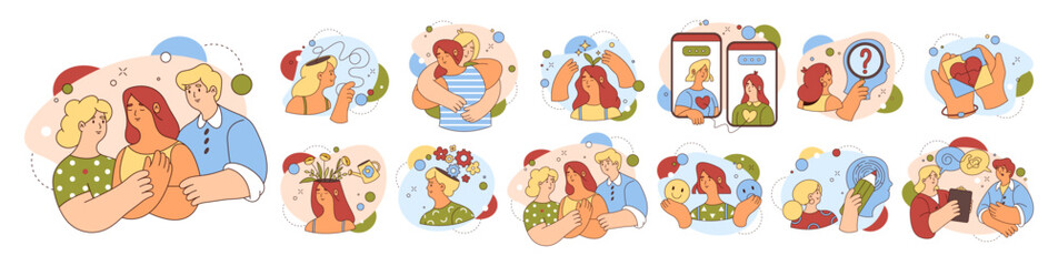 Psychological support and mental care, balance and wellbeing. Vector flat illustration cartoon characters communicating and helping with problems and issues, stress and depression