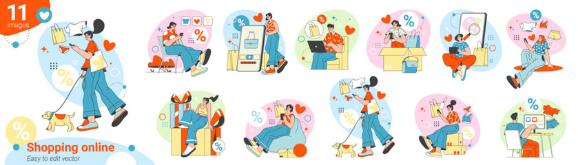 People shopping online, ordering products and gifts from shops and stores in internet. Vector flat character with phones and laptops ordering and purchasing items from web