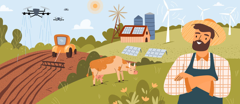 Smart farm, modern agricultural technology system with solar panels and windmills, use of computers to help work and manage the farming business, happy farmer and flying drones, cartoon illustration