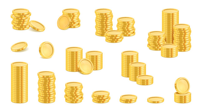 Gold coins, realistic money currency in stack, gold treasure cash. Vector financial assets, savings and deposits. Benefit in business and fortune savings, concept of capital growth and income