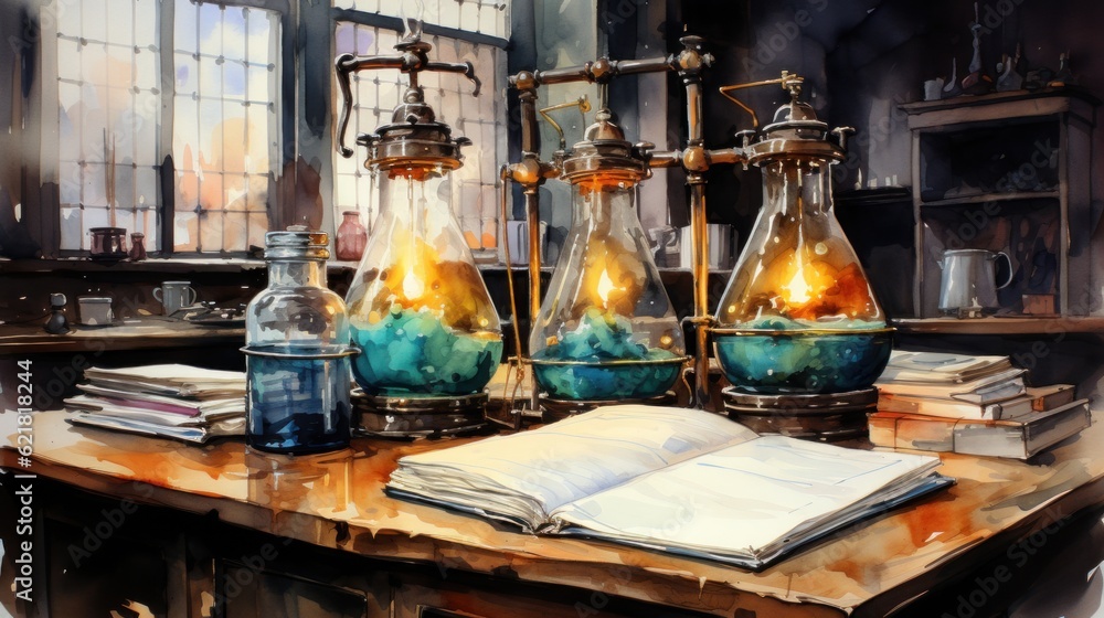 Poster a painting of a table with a book and some bottles. generative ai image.