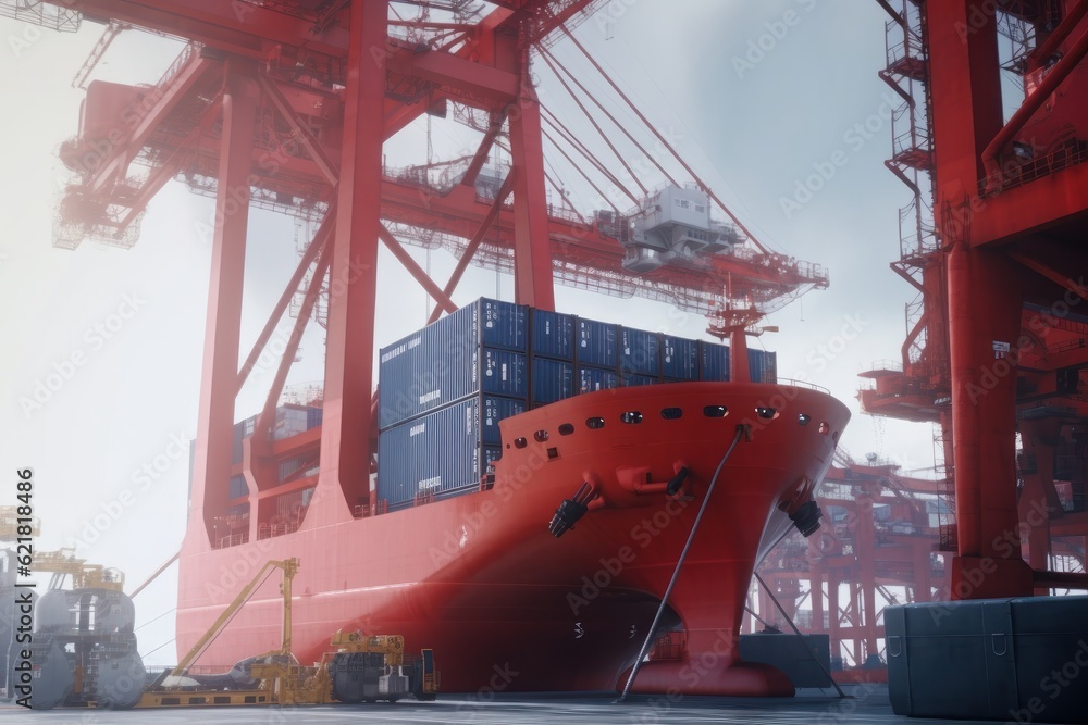 Aufkleber loading a container ship at cargo berth of the seaport using port cranes. containers are stacked and