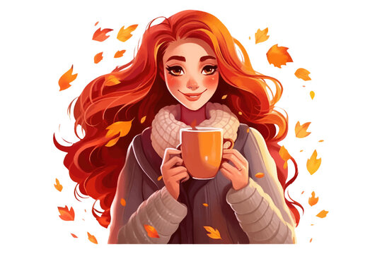 ui set vector illustration of woman with autumn beverage cup isolate on white background