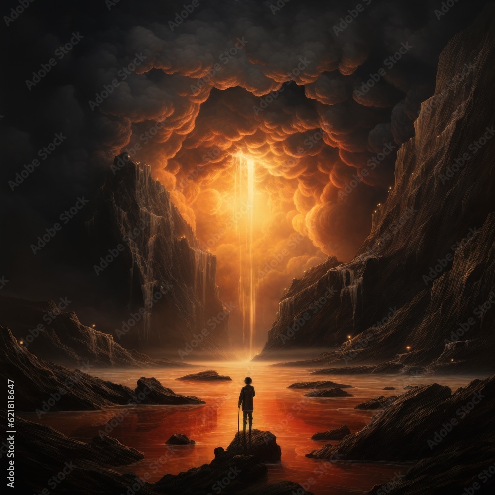 Poster a man standing on a rock in front of a waterfall. generative ai image.
