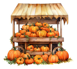 Autumn illustration Watercolor Pumpkin market Hand drawn wooden stand isolated.