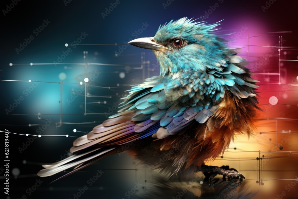 Poster a colorful bird sitting on top of a table. generative ai image.