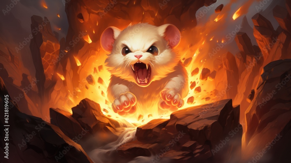 Poster a cat with its mouth open in a cave of fire. generative ai image.