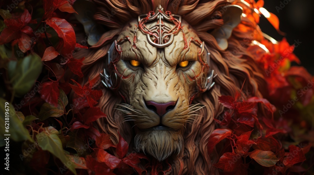 Poster a close up of a statue of a lion surrounded by leaves. generative ai image.