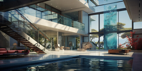 3d rendered living room interior with swiming pool