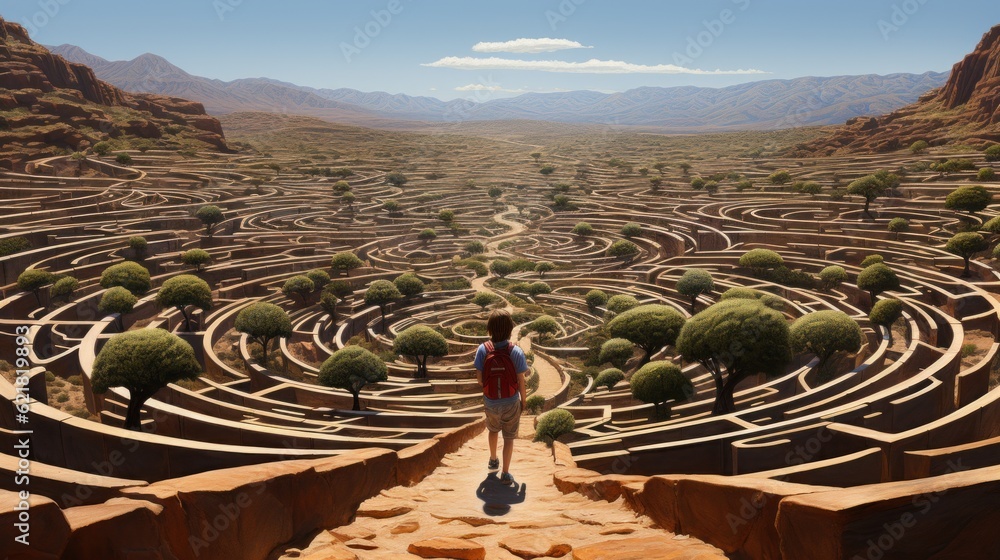 Aufkleber a man standing in a maze in the middle of a desert. generative ai image.