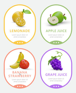 Set of 4 vector labels for fruit drinks. Lemonade, apple and grape juice, banana strawberry smoothie. Color stickers in cartoon style. Template with text