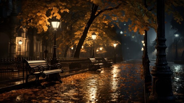 A park bench on a rainy night in the rain. Generative AI image.