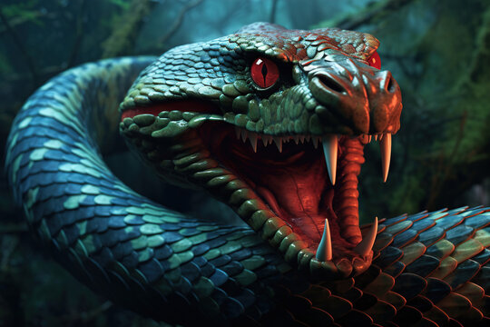 Close-up aggressive snake with open mouth, dangerous reptile predator in jungle