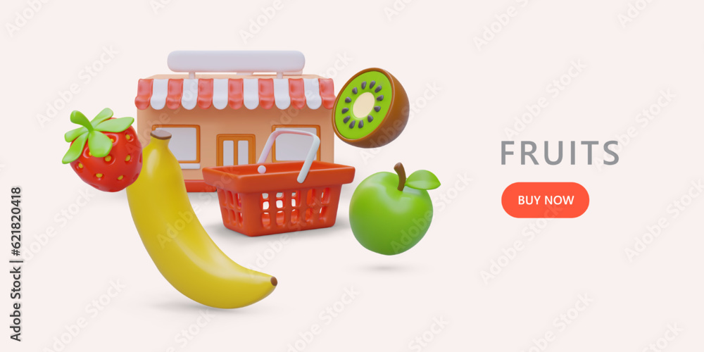 Poster grocery store. colored 3d building with striped canopy and blank sign. realistic fruits, shopping ca