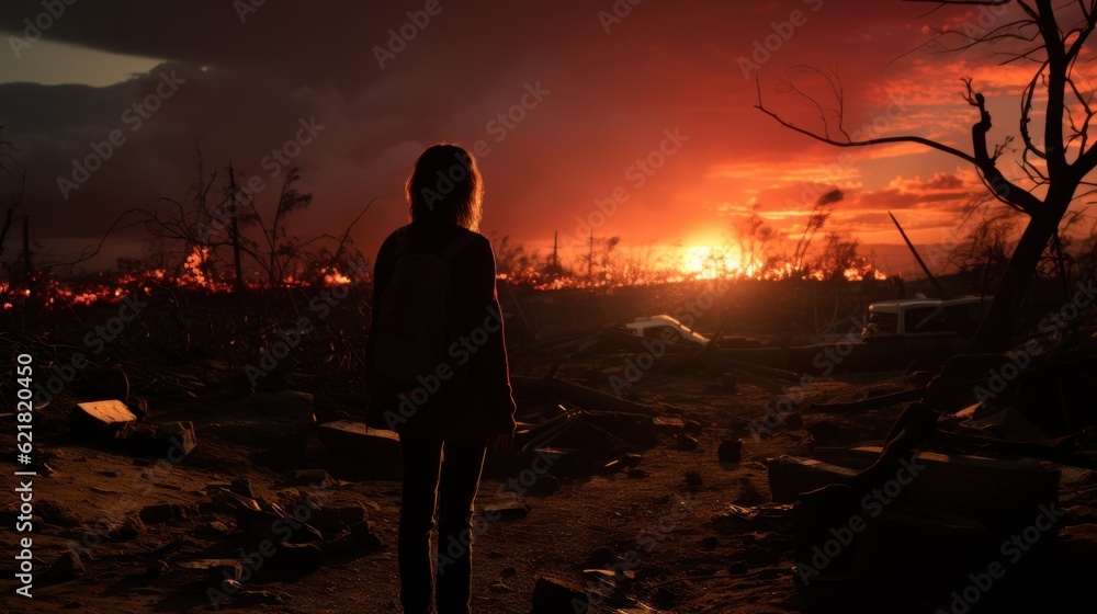 Poster a person standing in a field with a fire in the background. generative ai image.