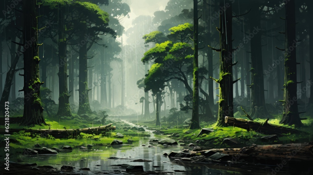 Poster a stream running through a lush green forest. generative ai image.