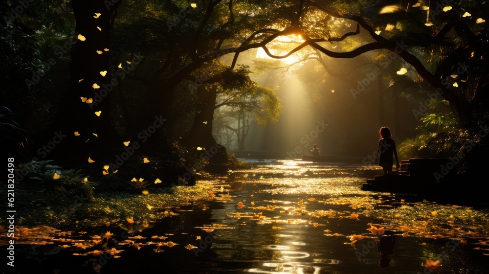 Aufkleber a person sitting on a bench in the middle of a forest. generative ai image.
