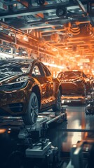 Futuristic electric cars at a factory with copy space. Generative AI