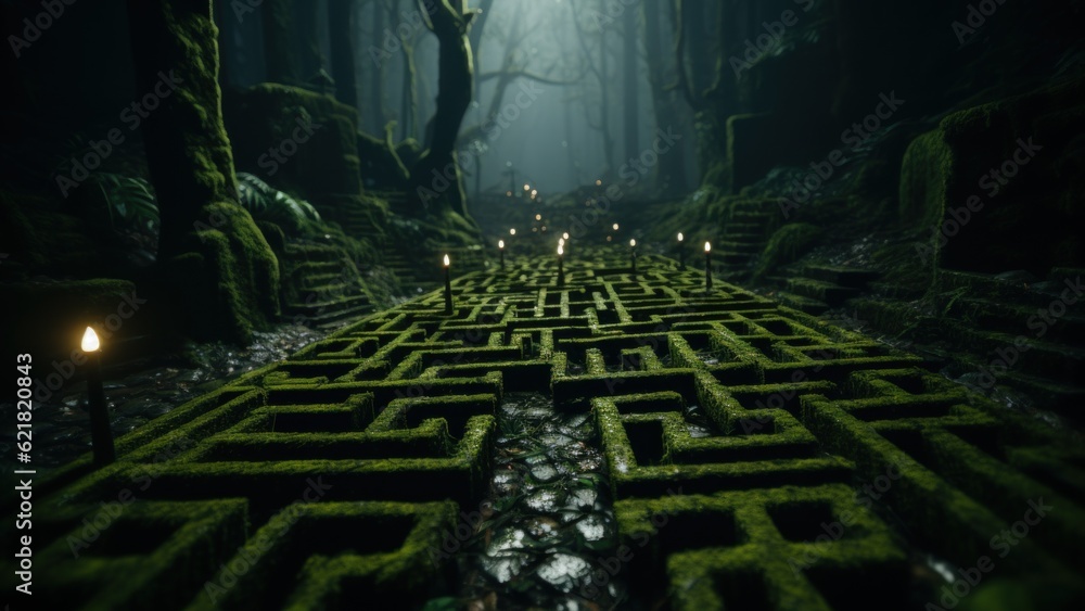 Poster a maze in the middle of a forest. generative ai image.