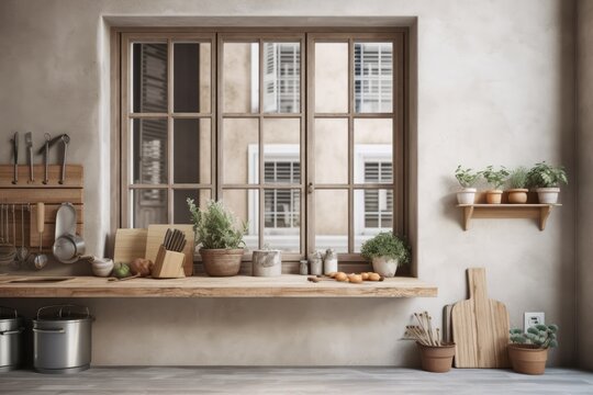 Exterior plaster wall with white window and shutters, displaying a country kitchen made of wood, blank background with copy space, mockup template,. Generative AI