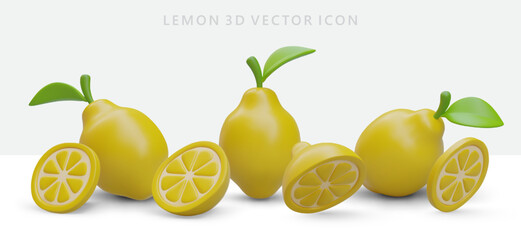 Vector realistic lemon icon. Whole fruit, half and piece from different sides. Color isolated image with shadows. Juicy yellow citrus. Realistic illustration in plasticine style
