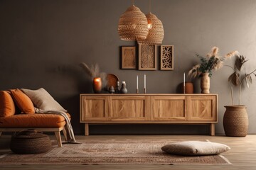Cozy interior of a home with wooden furniture against a brown background and an empty wall mockup with bohemian décor. Generative AI
