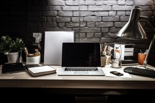 Cropped image of a modern workspace with a laptop with a blank screen, office supplies, and decorations on a wooden table against a plank wall. Generative AI