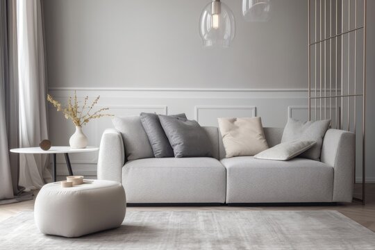 Detailed shot of the apartment's large new gray couch. Generative AI