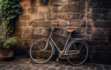 Fototapeta na wymiar A bicycle leaning against a wall with a basket. AI