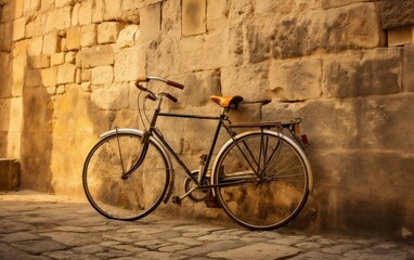 A bicycle leaning against a wall with a basket. AI