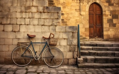 Fototapeta na wymiar A bicycle leaning against a wall with a basket. AI