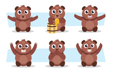 wild brown baby bears set. funny bears sitting in different poses, eating honey, having fun, getting angry. vector cartoon characters set.