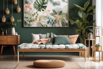 Elegant furnishings and decor in a stylish Scandinavian living room, with a wooden bench, vibrant pillows, plaid, flowers, and plants. modern home dcor and interior design. draft of a frame