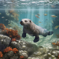 sea lion in the water, marine life and marine animals