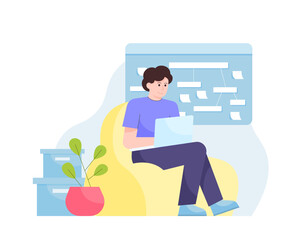 Young man sitting on armchair and working on laptop. Modern coworking space. Freelancer doing job online. Employee in office. Vector flat illustration in blue colors