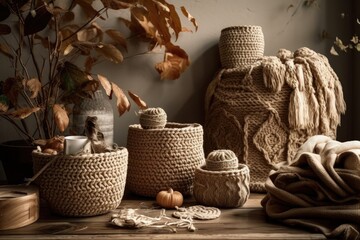 Fototapeta premium Decoration idea using natural crafts in the home. a room with pleasant interior bohemian décor. a wooden table with beige knitted baskets. Handmade. Jute based knitted pots that are round. Make eco