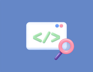 Analyze the Source Code of the Program. Looking for errors in program code or script. programming symbols and a magnifying glass. analysis and diagnosis. symbols or icons. 3D concept design