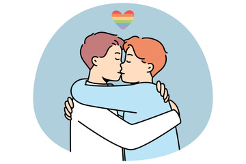 Men hugging and kissing. Gay couple embrace show love and affection. LGBT community concept. Vector illustration.