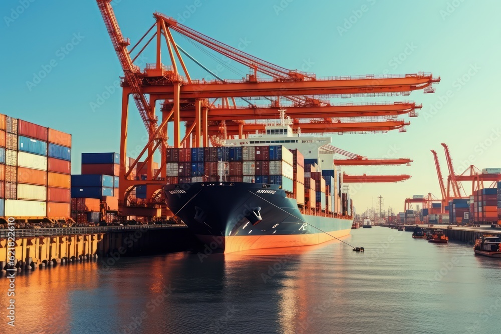 Poster container ship at the berth in cargo terminal of the port under loading. port cranes load containers