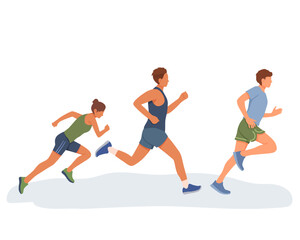 Fototapeta na wymiar Young lady and men in sport clothes running outside. Doing cardio exercises together. Active and healthy lifestyle. Time to lose weight. Vector flat illustration