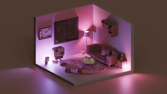 3D animation loop of light living room at night low poly, isometric view